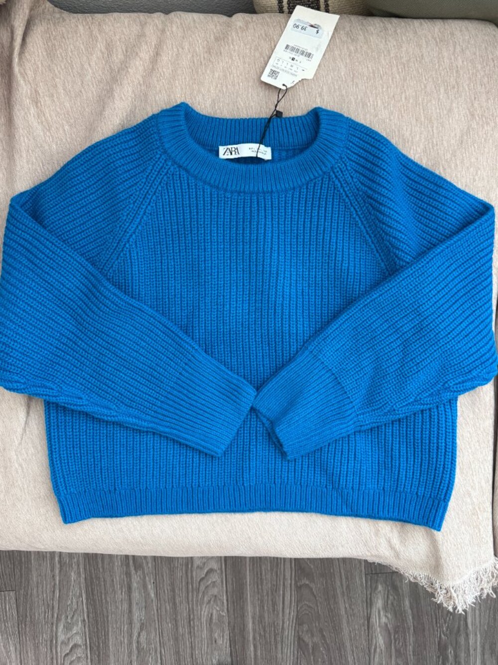 NWT Zara Bright Blue Chunky Ribbed Wool Blend Cropped Sweater L